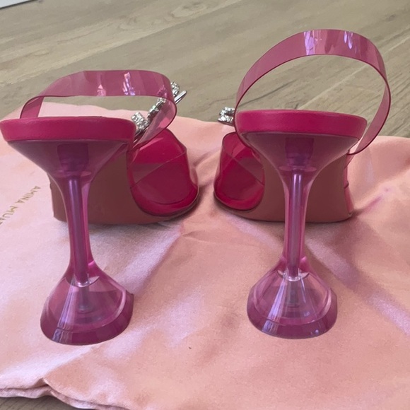 Amina Muaddi Pink Stiletto Heels with Rhinestone Bow - Picture 5 of 11